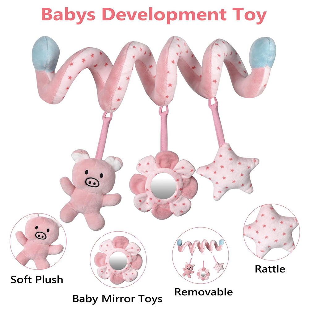 (pig) Car Seat Infant Baby Spiral Activity Hanging Toys Stroller Bar Crib Bassinet Mobile with Mirror BB Squeaker and Rattles