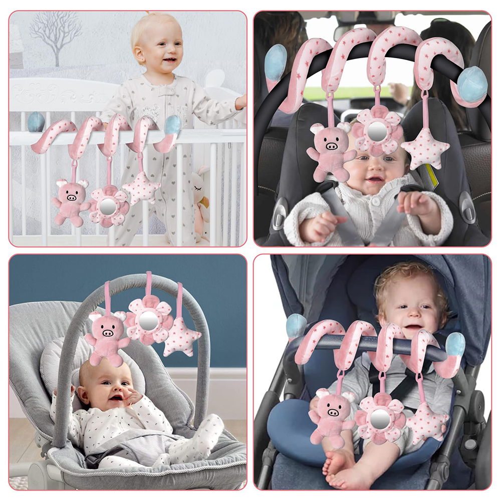 (pig) Car Seat Infant Baby Spiral Activity Hanging Toys Stroller Bar Crib Bassinet Mobile with Mirror BB Squeaker and Rattles