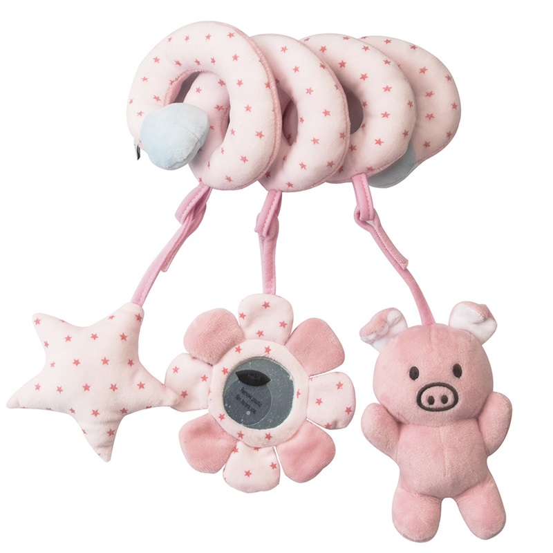 (pig) Car Seat Infant Baby Spiral Activity Hanging Toys Stroller Bar Crib Bassinet Mobile with Mirror BB Squeaker and Rattles