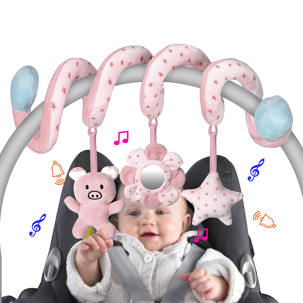 (pig) Car Seat Infant Baby Spiral Activity Hanging Toys Stroller Bar Crib Bassinet Mobile with Mirror BB Squeaker and Rattles