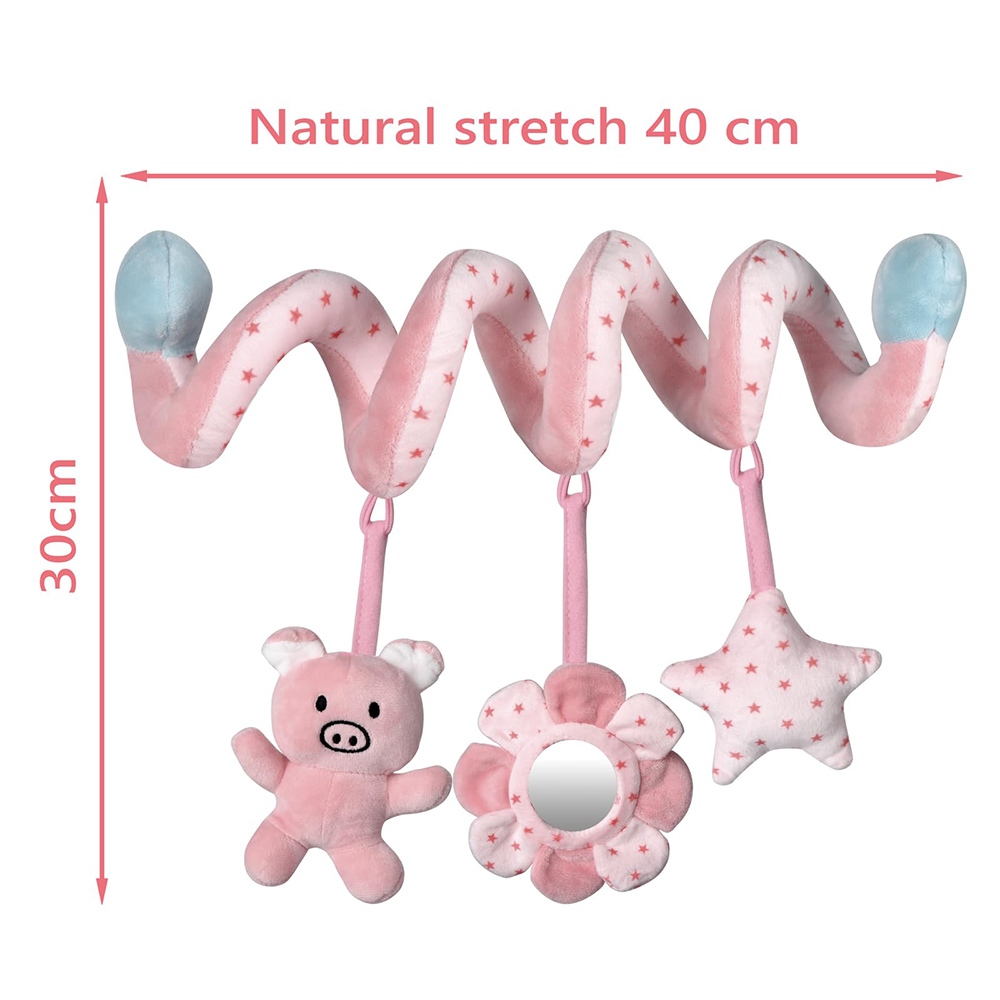 (pig) Car Seat Infant Baby Spiral Activity Hanging Toys Stroller Bar Crib Bassinet Mobile with Mirror BB Squeaker and Rattles