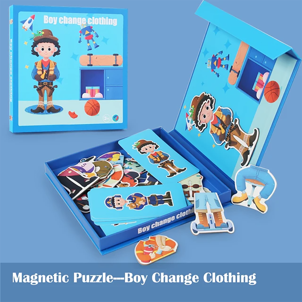 (figure) Magnetic Puzzle Boy Face Dress Up Game Book Shaped S.T.E.M. Montessori Toys Learning Educational Gift for Ages 3 