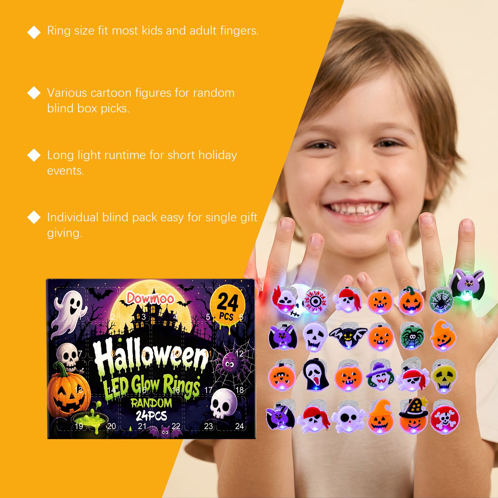 Halloween Advent Calendar 24-Day Countdown LED Halloween Rings Light-Up Blind Box Toy Set for Parties Trick or Treat Classroom Rewards for Kids