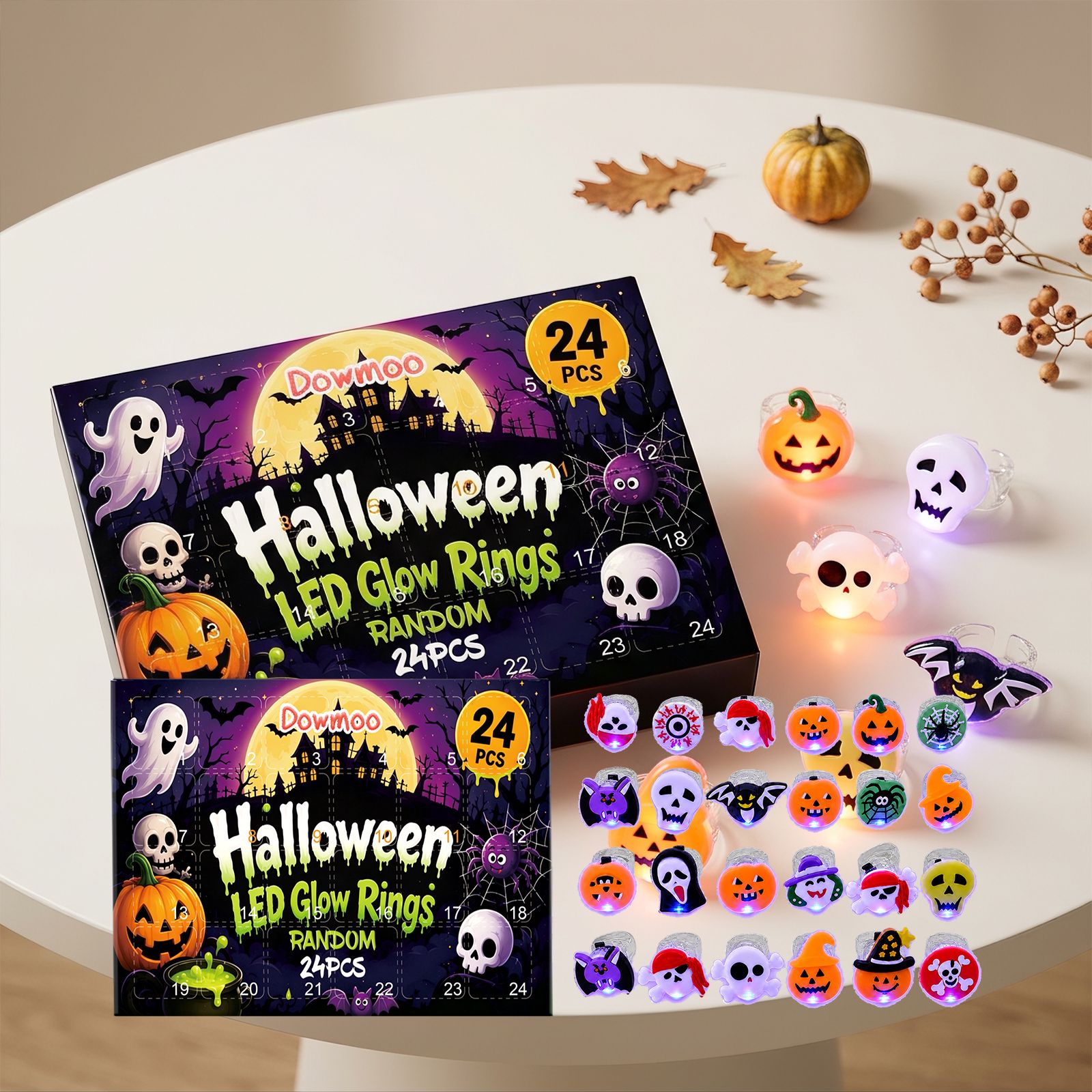 Halloween Advent Calendar 24-Day Countdown LED Halloween Rings Light-Up Blind Box Toy Set for Parties Trick or Treat Classroom Rewards for Kids
