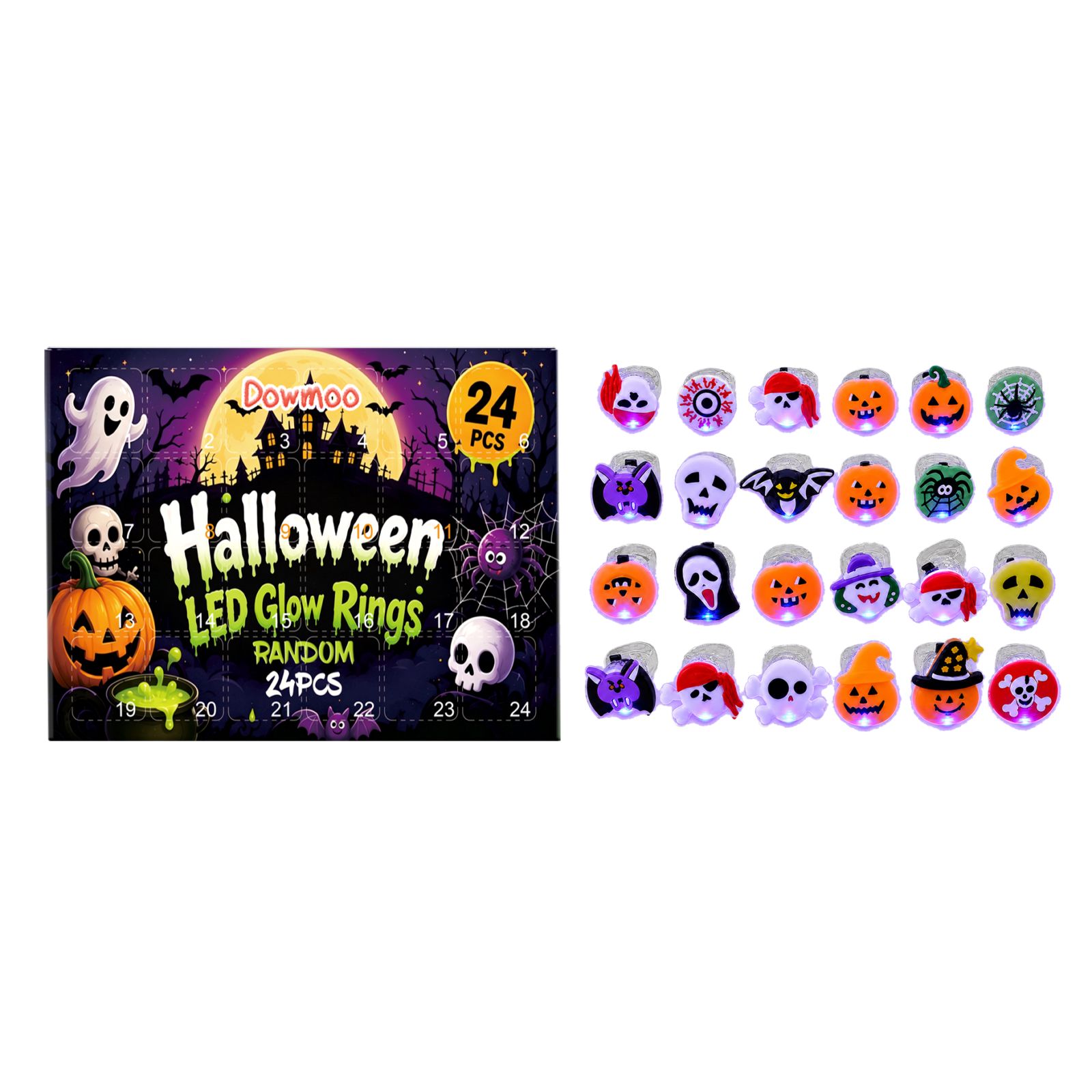 Halloween Advent Calendar 24-Day Countdown LED Halloween Rings Light-Up Blind Box Toy Set for Parties Trick or Treat Classroom Rewards for Kids