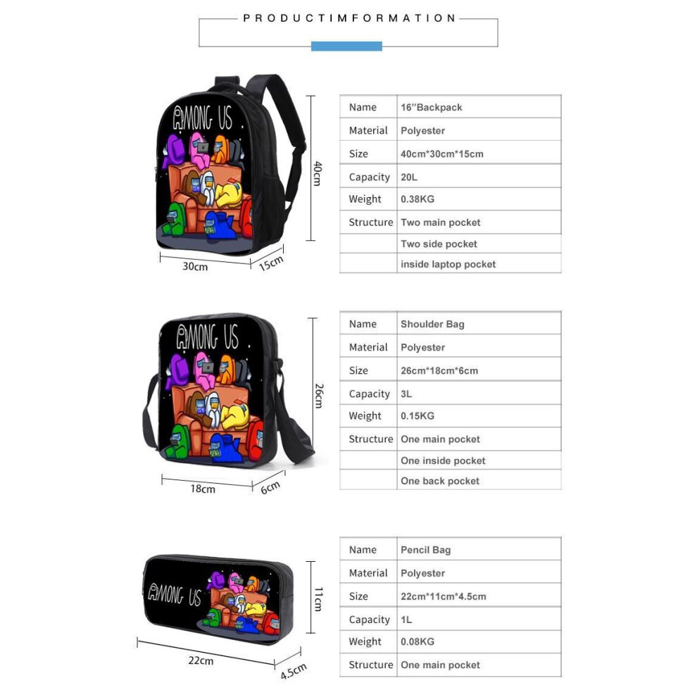 3Pcs Among Us Backpack Lunch Bag Pencil Case Schoolbag