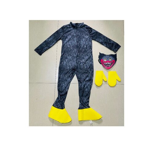 (Black, L) Poppy Playtime Kids Huggy Wuggy Cosplay Costume Bodysuit Jumpsuit Mask Gloves