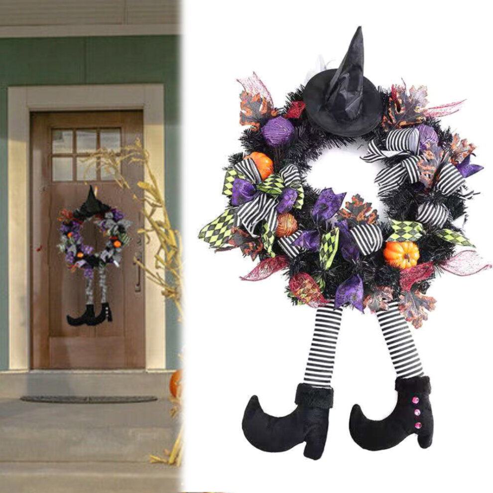 Halloween Front Door Wreath with Hat Witches Legs Pumpkin Hanging for Front Door Porch Window Indoor Outdoor Party Decoration 24 Inchs