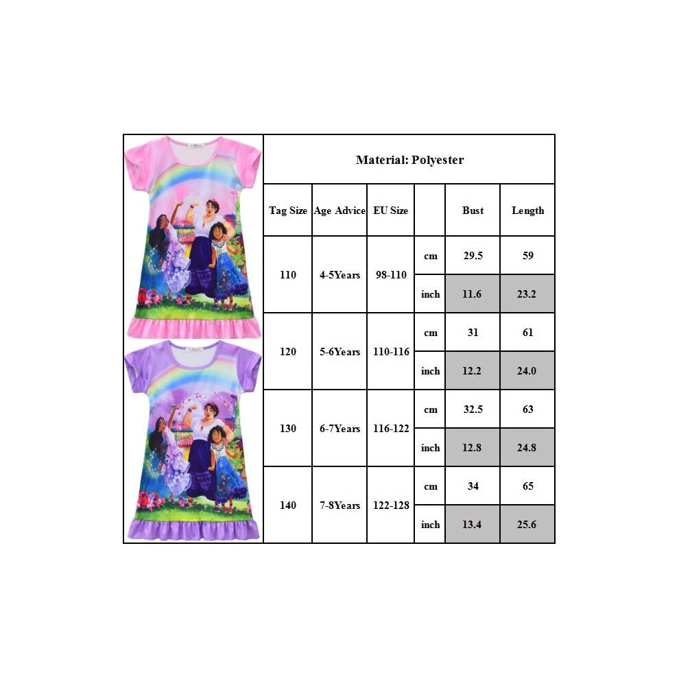 (Purple, 7-8 Years) Encanto Mirabel Sleepwear Dress Girls Pleated Skirt Nightdress Night