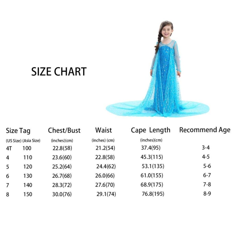 (Elsa Dress 2~3 Years) Girls Elsa Costume Dress Kids Princess Fancy Dress up Birthday Party Christmas Dresses