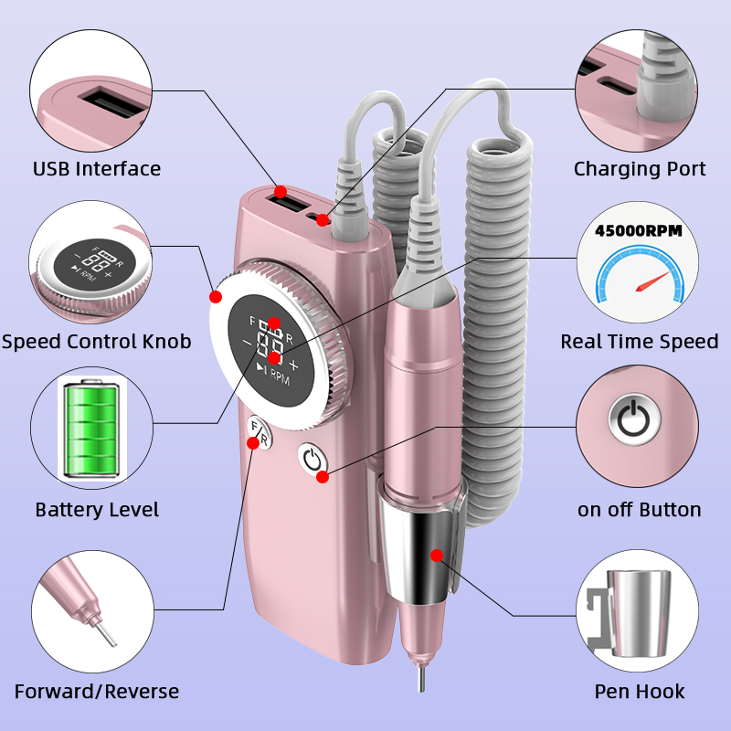 (Pink) Nail Drill Machine Portable Nail Drill Professional Electric Manicure Pedicure Nail Sander Tool for Acrylic Gel Nails Rechargeable for Home Nail Salon