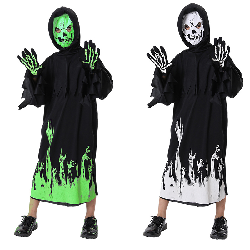 (110~120cm) Glow In The Dark Childs Grim Reaper Costume Kids Scream Scary Halloween Costumes For Boys Kids Grim Reaper Costume