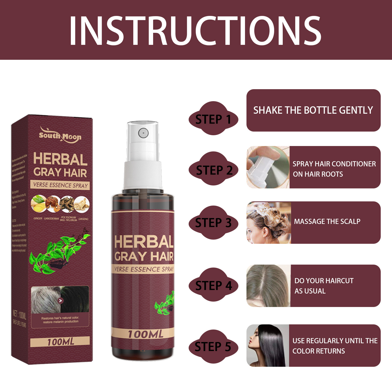 Herbal Black Hair Liquid Hair Darkening Spray Anti Gray Hair Scalp Nourish Spray Hair Treatment Polygonum Multiflorum Essence Bright Hair Care 100ml