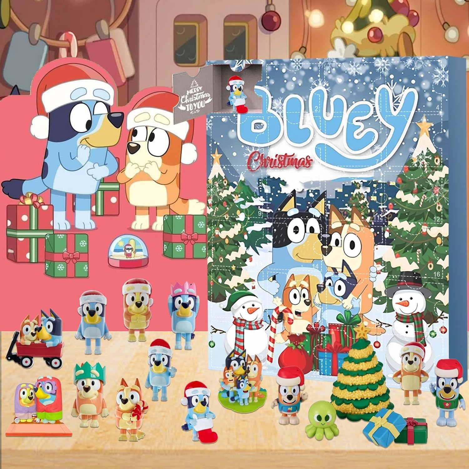 Christmas Advent Calendar 24 Days Christmas Countdown 24PCS Cute Cartoon Bluey Toy Minifigures Adorable Decorative Doll Xmas Gifts for Boys Girls Kids