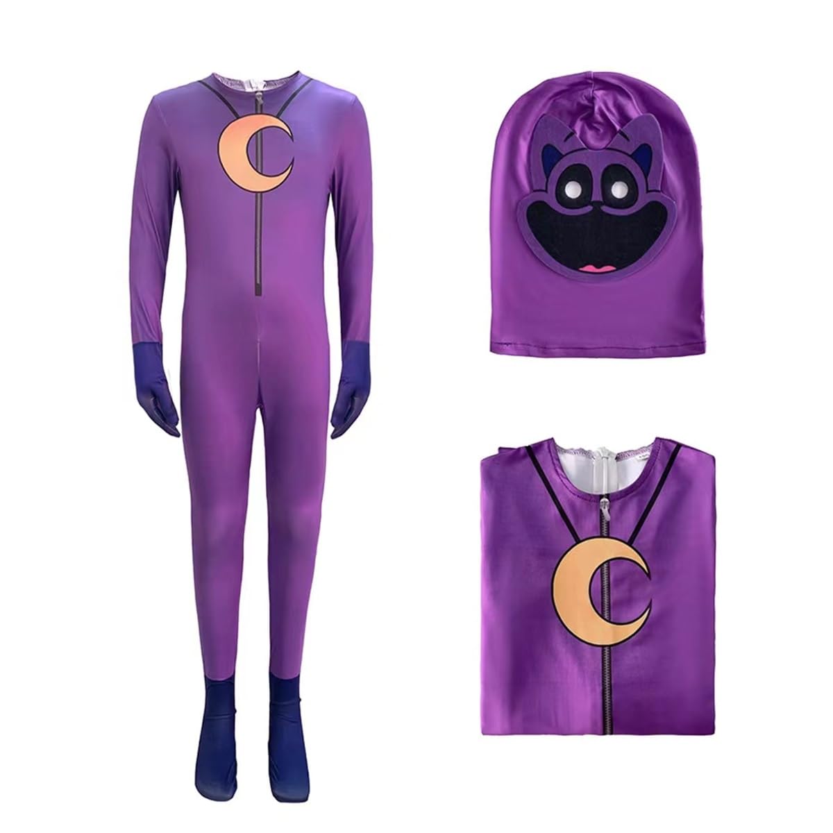 (110CM) Poppy Playtime 3 Smiling Critters Costume Child Halloween Party Dress up With Head Cover Bodysuit Purple Catnap