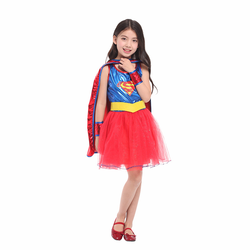 (M) Supergirls Dress Cosplay Costumes Child Girls Super Hero Fancy Dress Shoe Covers Suit Halloween Costumes for Kids Party Dress