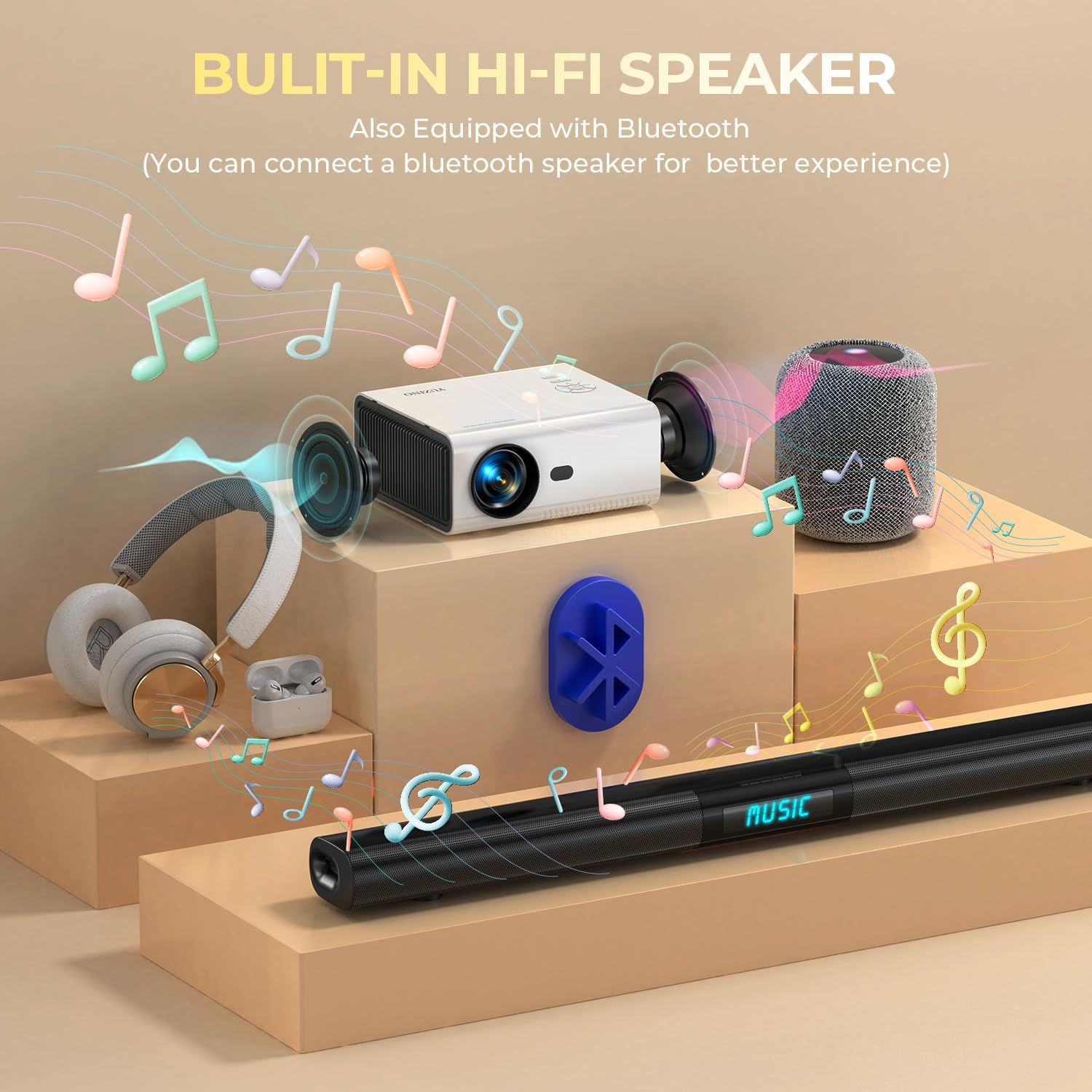 Mini ProjectorElectric Focus Keystone Zoom 15000L Full HD 1080P Portable Projector with WiFi and Bluetooth Outdoor Movie Projector for Bedroom Sports Party Support Phone Laptop TV Stick HDMI