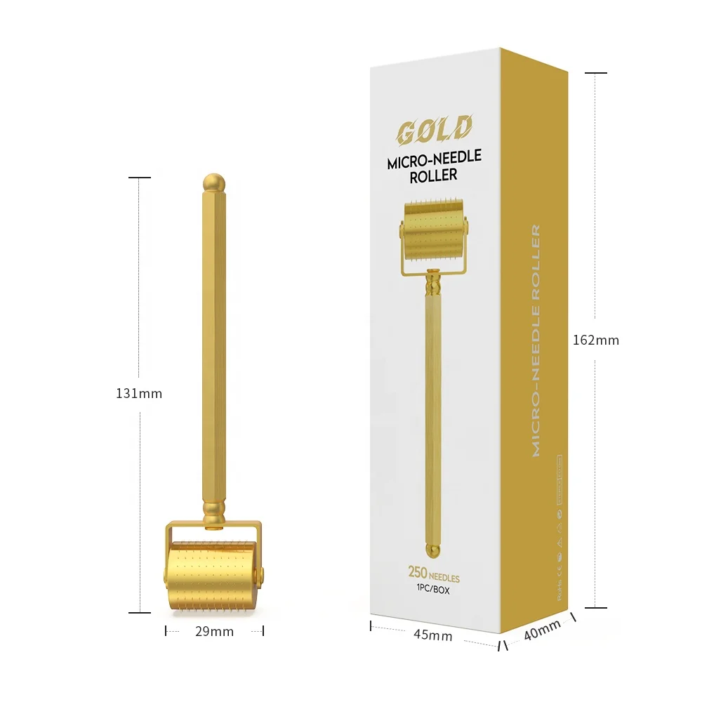(0.25mm) Microneedle Roller Luxurious 24K Gold Micro Needle Roller DRS 250 Pin Titanium Derma Roller for Facial Skin Care Hair Beard Growth Treatment