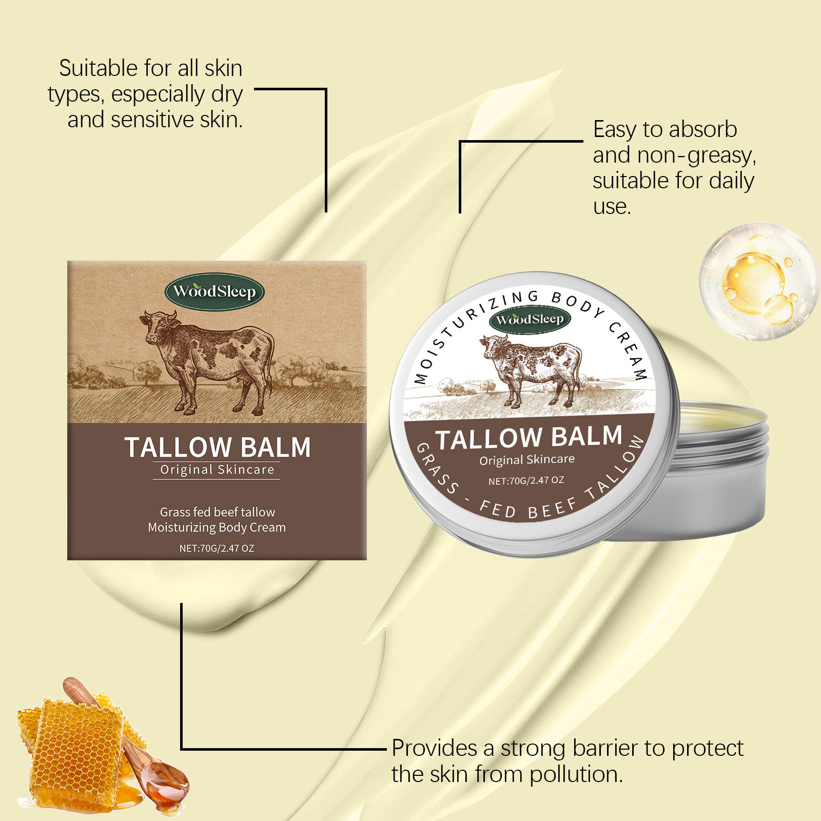 WoodSleep Beef Tallow Balm Moisturizer Sebum and Honey Cream Nourishing Softening Smoothing Relieve Dryness Face Body Cream Natural Beef Tallow Lotion