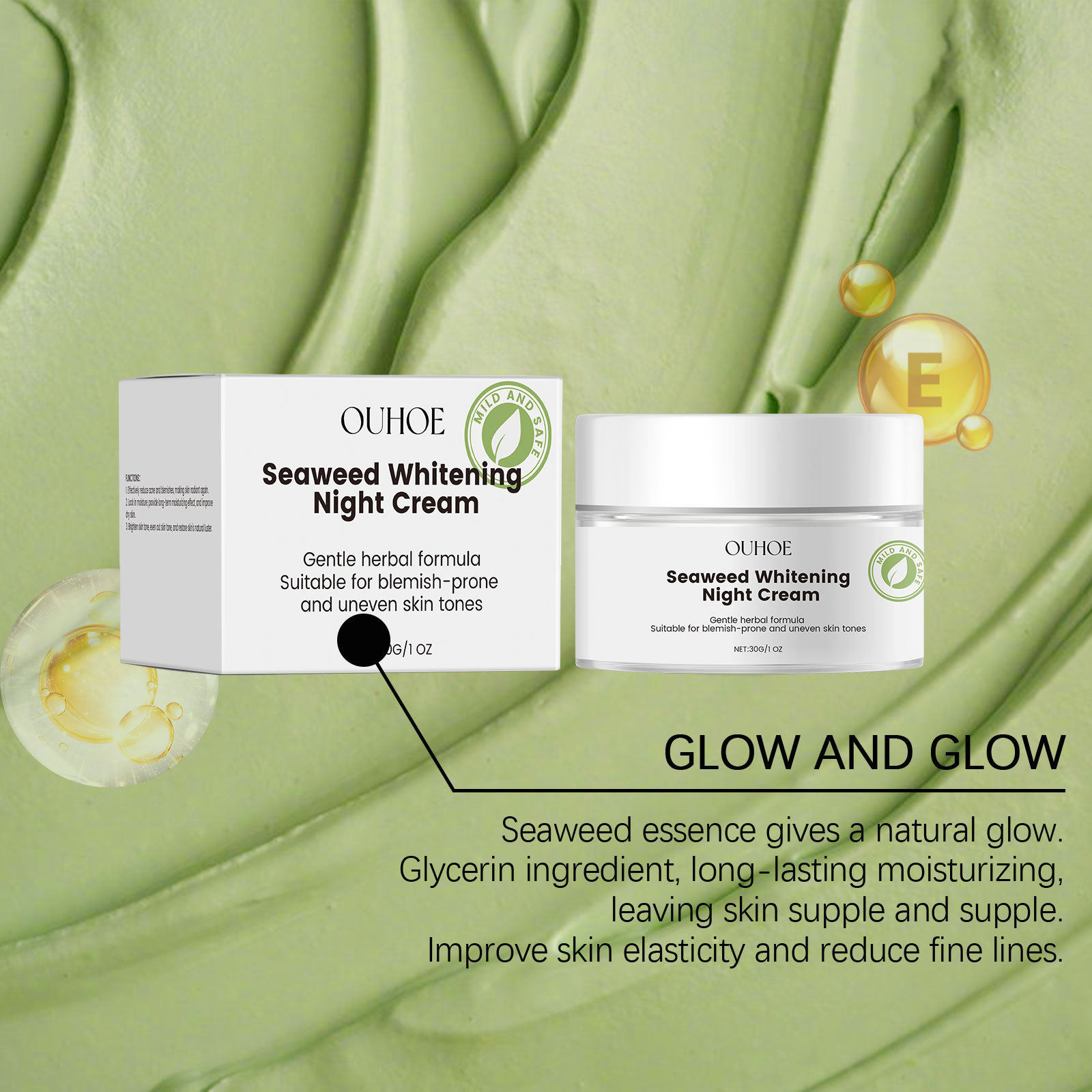 OUHOE Seaweed Nourishing Face Night Cream Whitening Moisturize Hydration Facial Night Skin Care Facial Rejuvenation Brightening Face Repairing Cream 30g