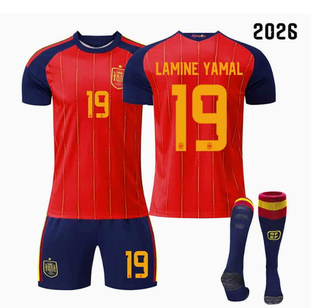 (8~9 Years) Football Kit for Kids Spain 2026 World Cup Home No.19 Lamine Yamal Soccer Jersey Gifts for Children Boys Football Training Shirts with Shorts Socks