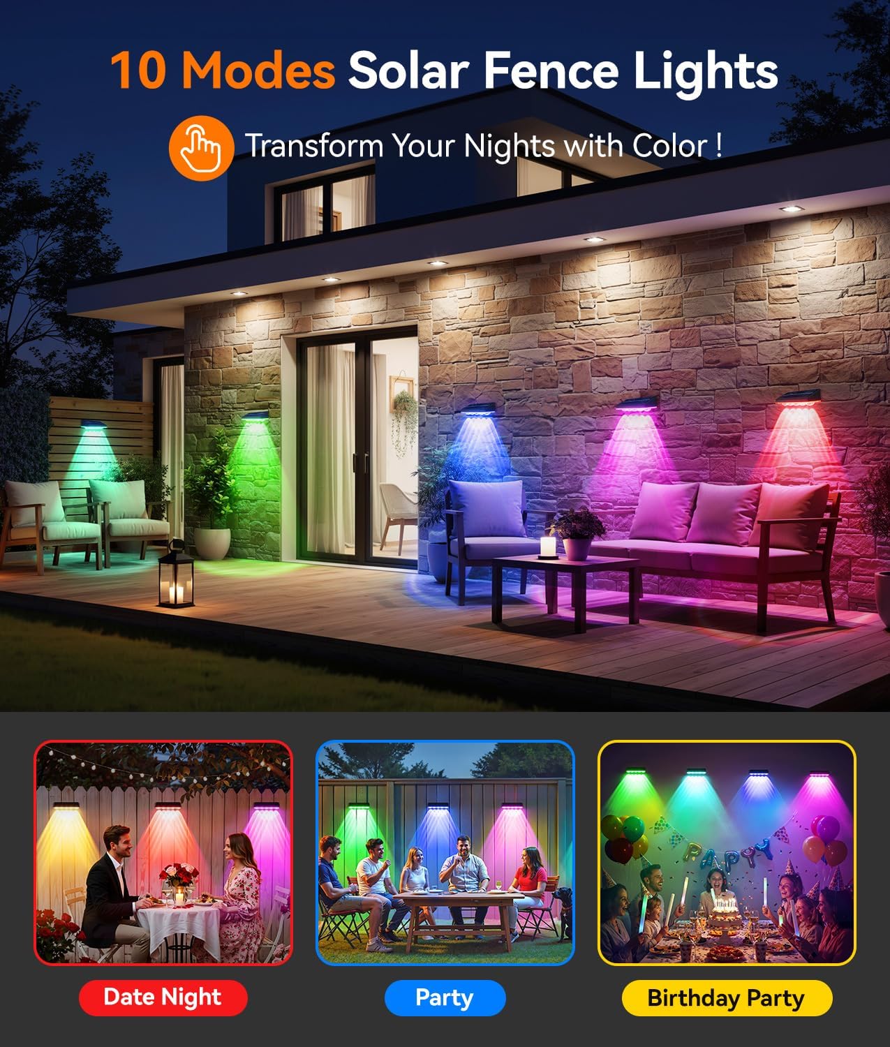 (4PCS) Solar Fence Lights 5-Convex Lens Garden Fence Lights Solar Powered IP65 Waterproof 9 Colors 10 Modes RGB Wall Solar Lights Outdoor Lights for Yard Patio Pathway