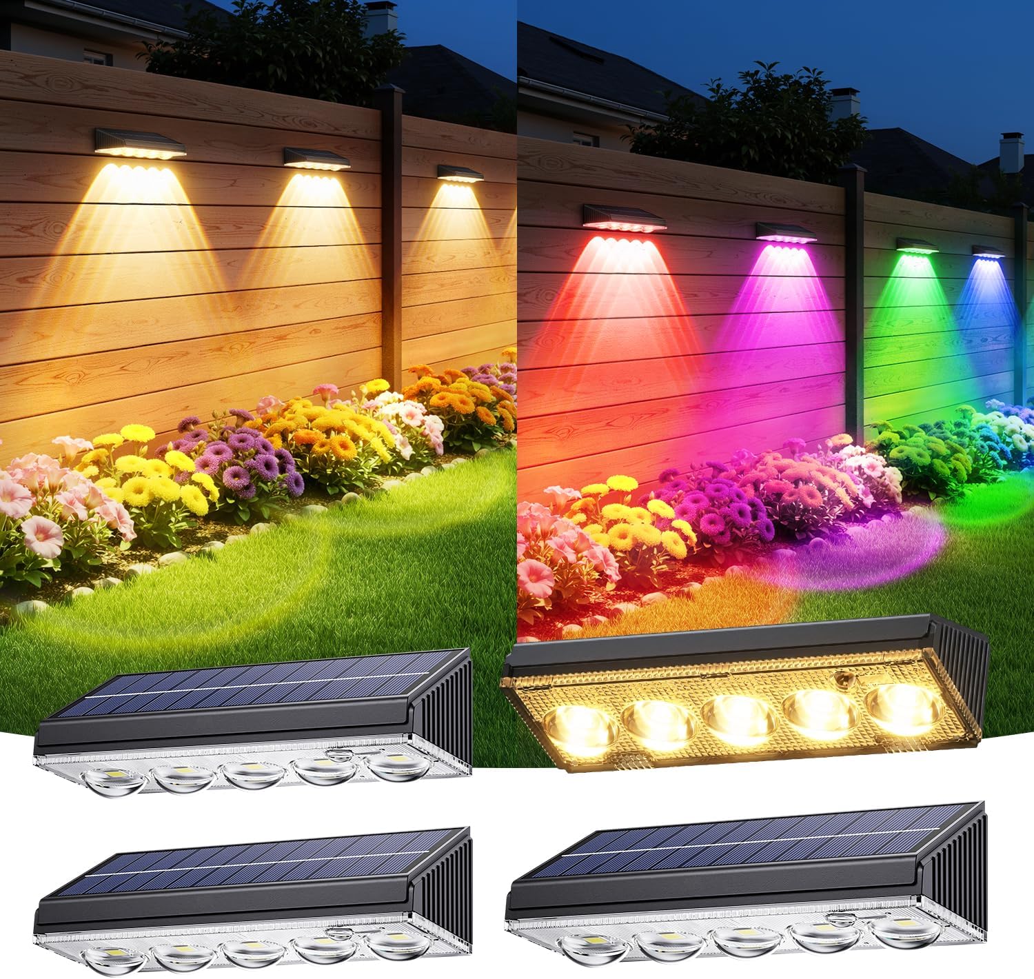 (4PCS) Solar Fence Lights 5-Convex Lens Garden Fence Lights Solar Powered IP65 Waterproof 9 Colors 10 Modes RGB Wall Solar Lights Outdoor Lights for Yard Patio Pathway