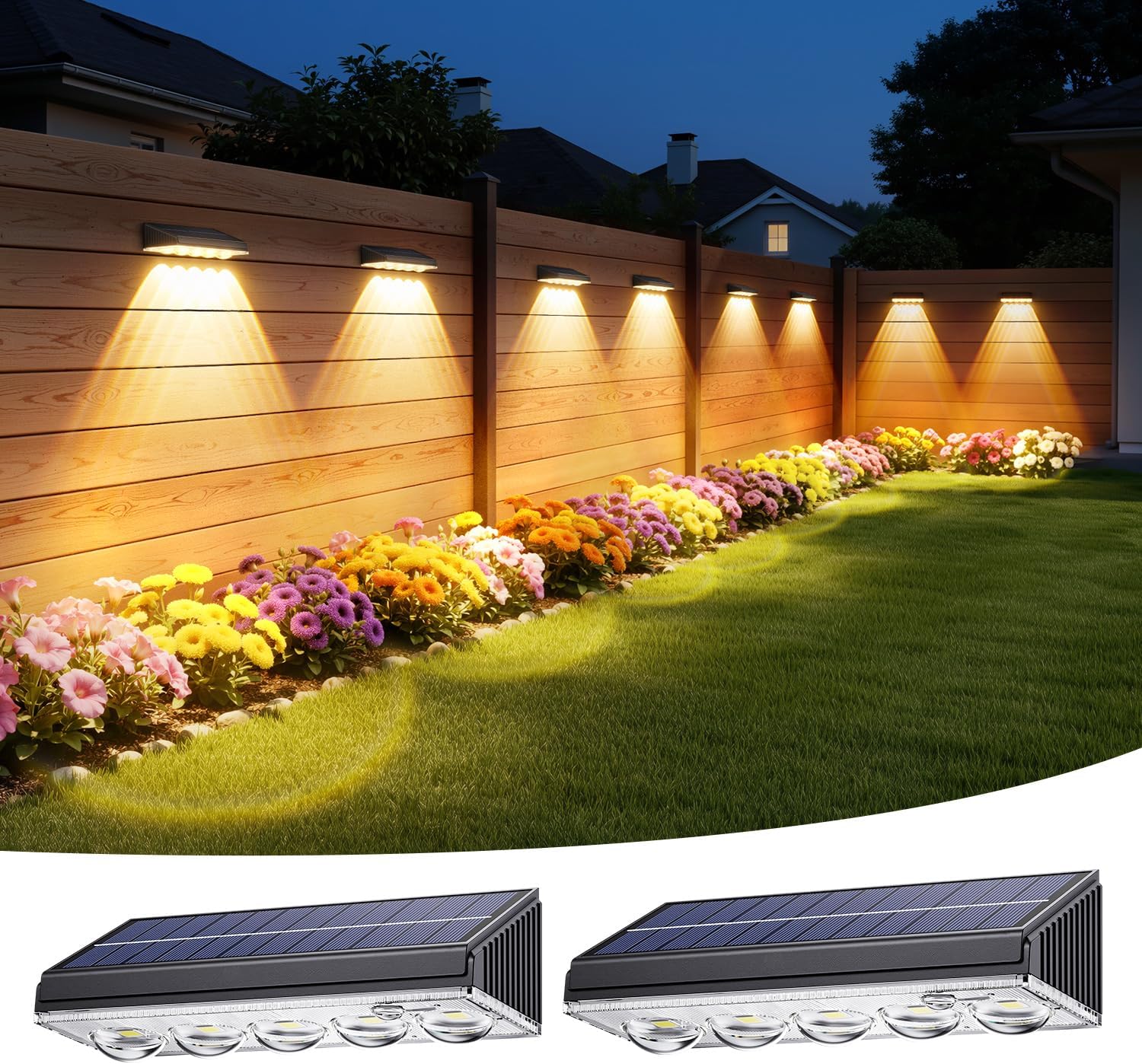 (4PCS) Solar Fence Lights 5-Convex Lens Garden Fence Lights Solar Powered IP65 Waterproof 9 Colors 10 Modes RGB Wall Solar Lights Outdoor Lights for Yard Patio Pathway