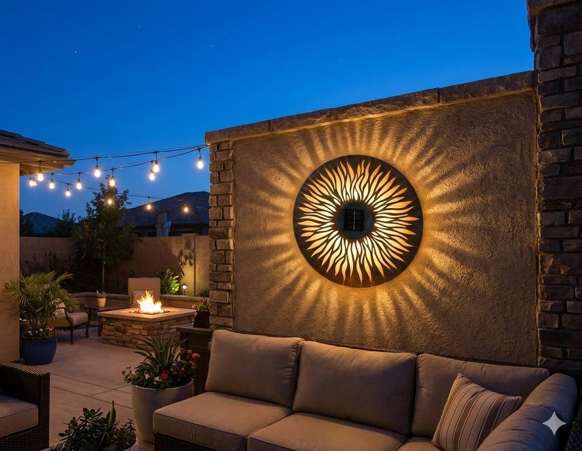  Solar Powered Metal Sun Wall Lamp Solar Garden Ornaments Metal Light Up 38cm 10 LEDs Sun Wall Art for Garden LED Light Outdoor Decorative Automatic 8 Hours Lig