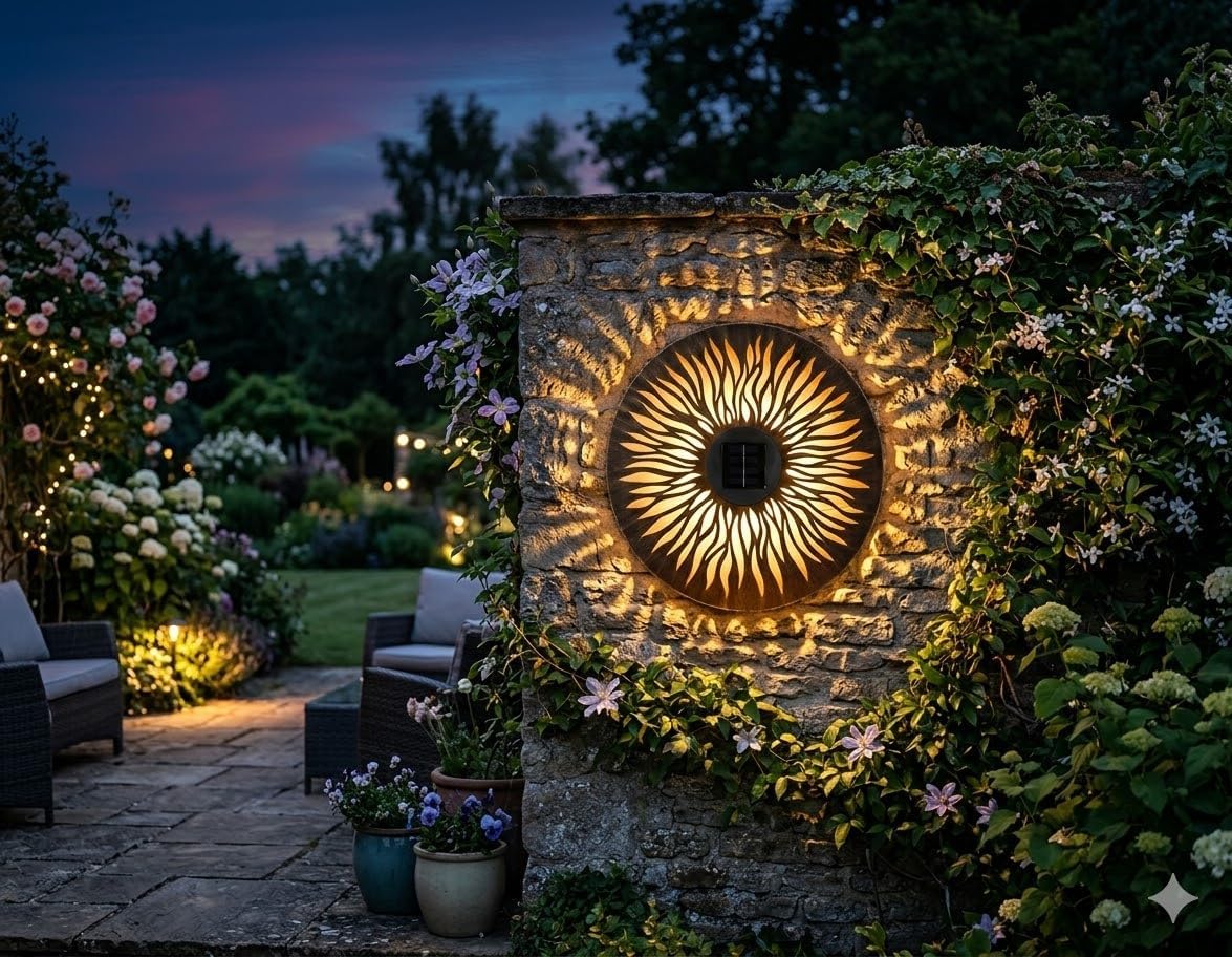  Solar Powered Metal Sun Wall Lamp Solar Garden Ornaments Metal Light Up 38cm 10 LEDs Sun Wall Art for Garden LED Light Outdoor Decorative Automatic 8 Hours Lig