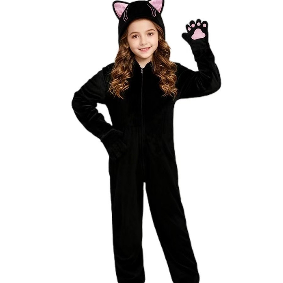 (110CM) Kids Black Cat Animal Jumpsuit Costume for Girls Halloween Party Stage Performance Roleplay