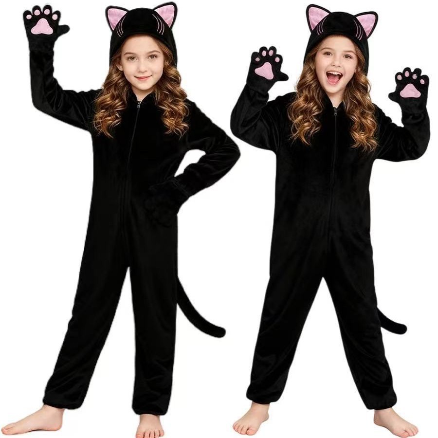 (110CM) Kids Black Cat Animal Jumpsuit Costume for Girls Halloween Party Stage Performance Roleplay