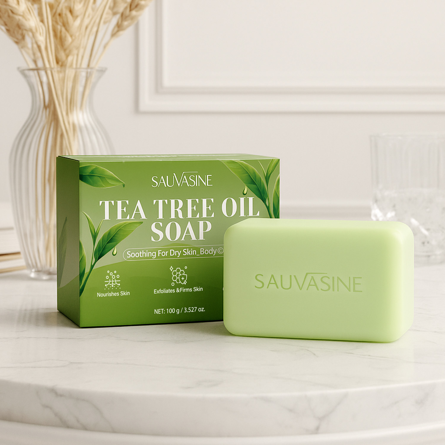 Sauvasine Tea Tree Oil Soap Bar Natural Cleansing for Daily Body Care Home Use 100g