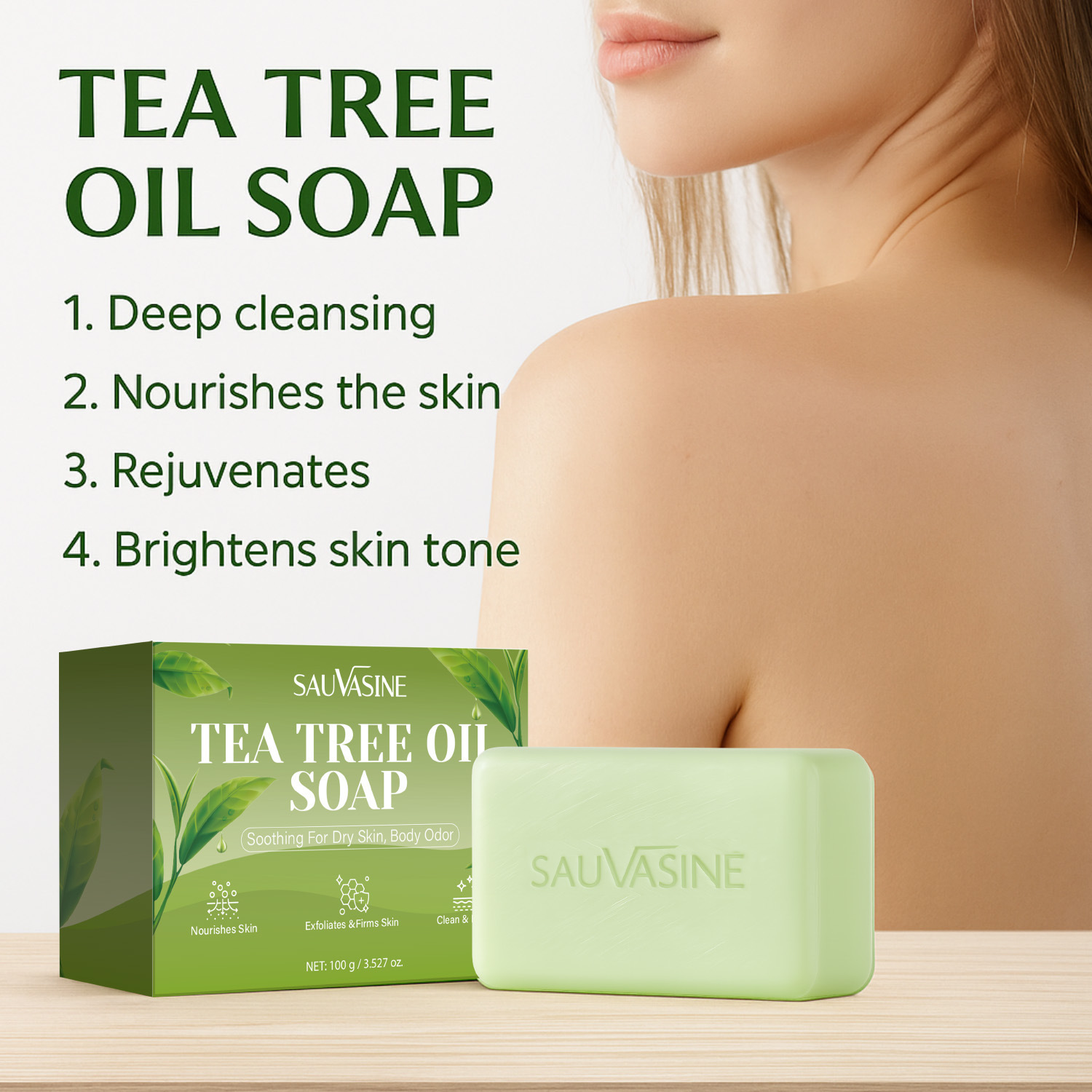 Sauvasine Tea Tree Oil Soap Bar Natural Cleansing for Daily Body Care Home Use 100g