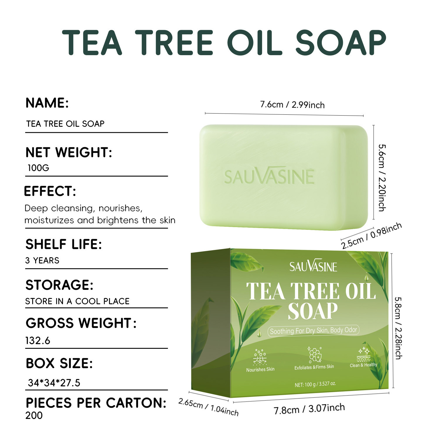 Sauvasine Tea Tree Oil Soap Bar Natural Cleansing for Daily Body Care Home Use 100g