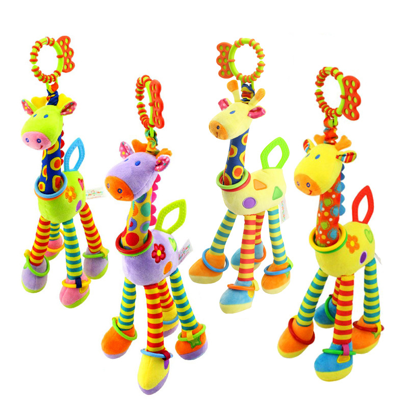 (PR 165) New Soft Cute Giraffe Animal Handbells Rattles Mobile Plush Infant Baby Handle Toys Hot Selling WIth Teether Newborn Baby Gifts