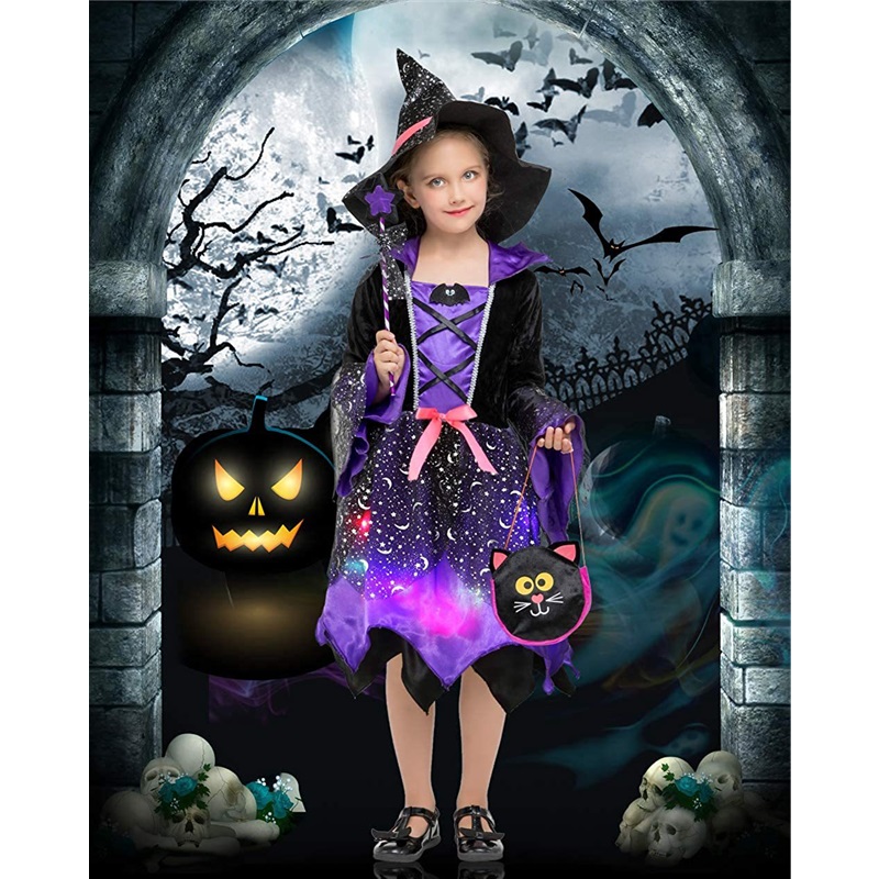 (L) Witch Halloween Costume European And American Kids Cosplay Anime Outfit Luminous Role Play Attire