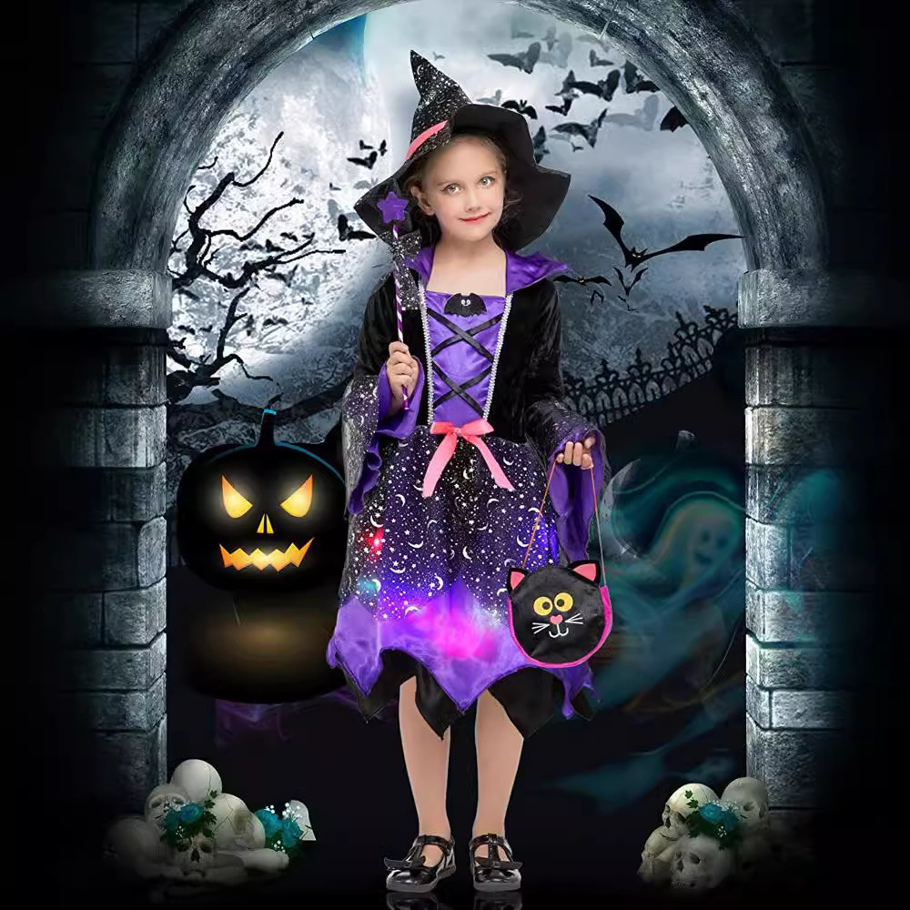 (L) Witch Halloween Costume European And American Kids Cosplay Anime Outfit Luminous Role Play Attire