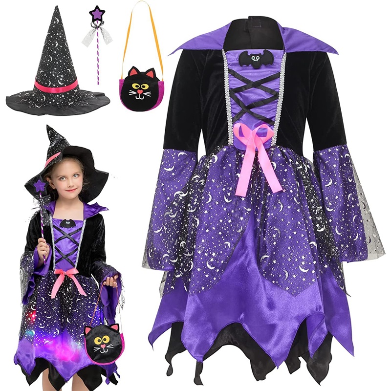 (L) Witch Halloween Costume European And American Kids Cosplay Anime Outfit Luminous Role Play Attire