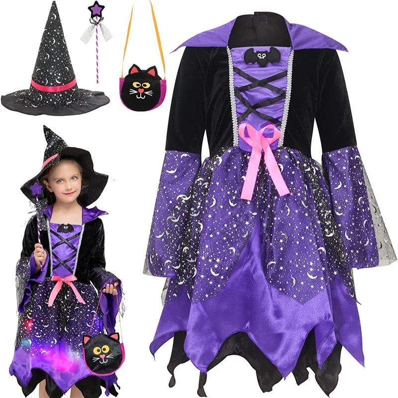 (L) Witch Halloween Costume European And American Kids Cosplay Anime Outfit Luminous Role Play Attire