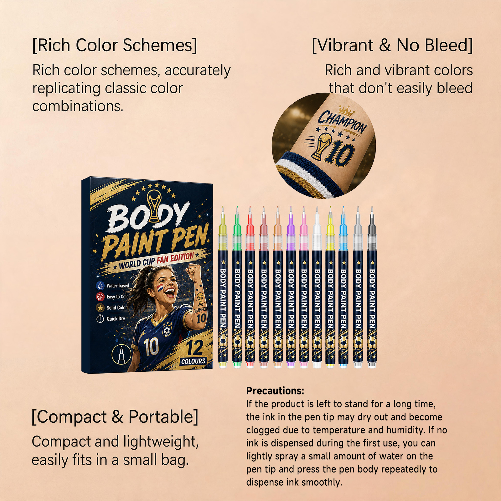 Body Paint Pen World Cup Themed Easy For Starters Rich Pigment Portable Multi Scene Usage