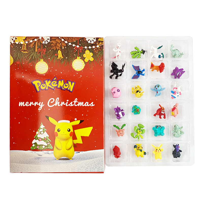 Christmas Advent Calendar Pokemon Cartoon Figures Xmas Countdown Calendar Anime Minifigures Kids Toy 2PCS Blind Box Set Gifts for Girls and Boys