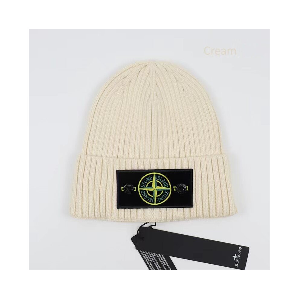 (Black) Stone Island Hat Warm Thick Cap Cuffed Knit Stretch Beanie Hat