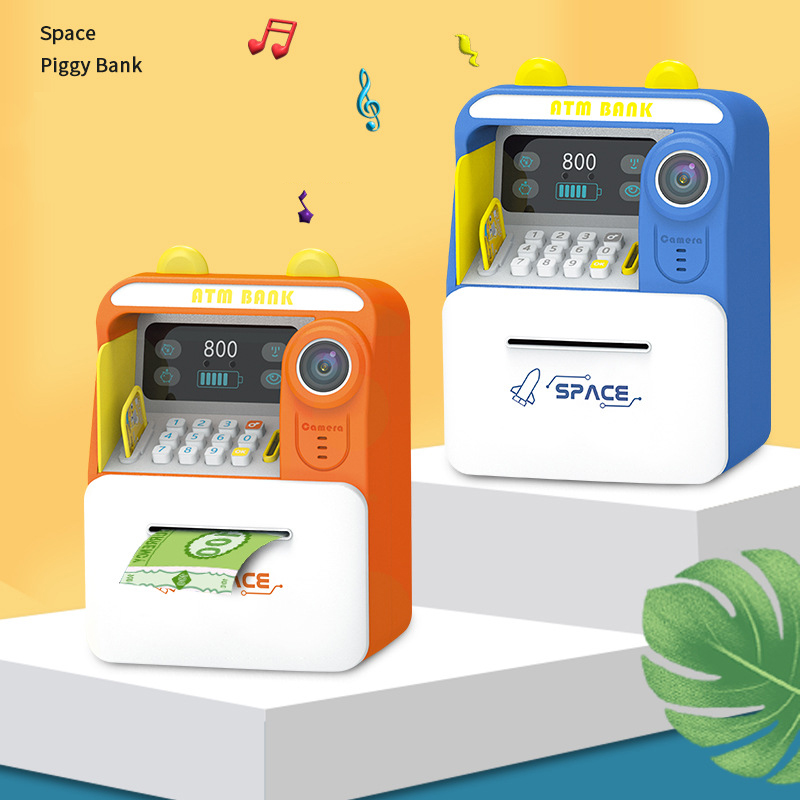 (Blue) ATM Machine Saving Box with Face Recognition Unlocking and Password Lock Coin Bank Toy Gifts for Boys Girls