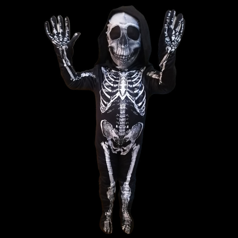 (Size 100) Halloween Skeleton Costume Parent Child Cosplay Clothes Scary Masquerade Party Jumpsuit Kid Tight Zentai Suit Bodysuit Skull Terror Dress Up Hooded