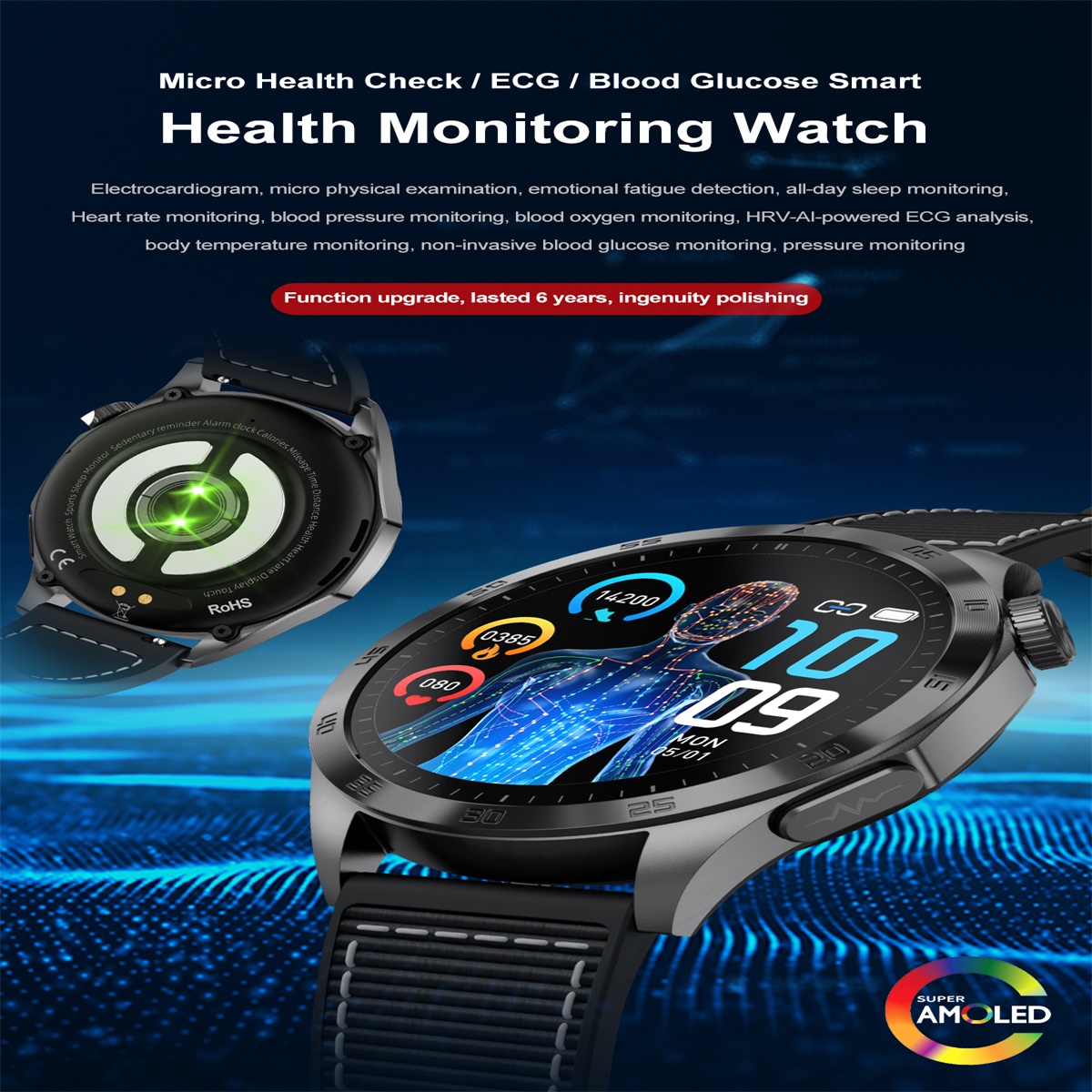 (Black Silicone) Men Smart Watch Blood Lipids Uric Acid ECG HD Screen Health Management Bluetooth Call Sports Fitness Tracker Waterproof Watches