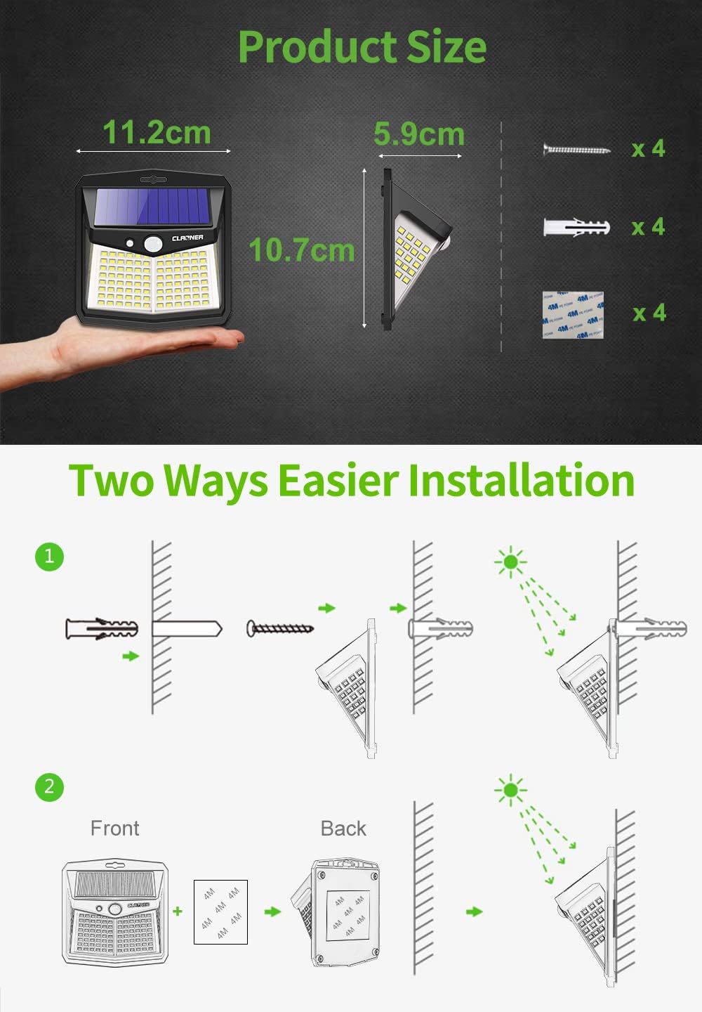 (Cool White) Solar Powered Lights Outdoor, Upgraded Wireless IP65 Solar Motion Sensor Security/Wall Light for Front Door Yard, Garage Garden Fence