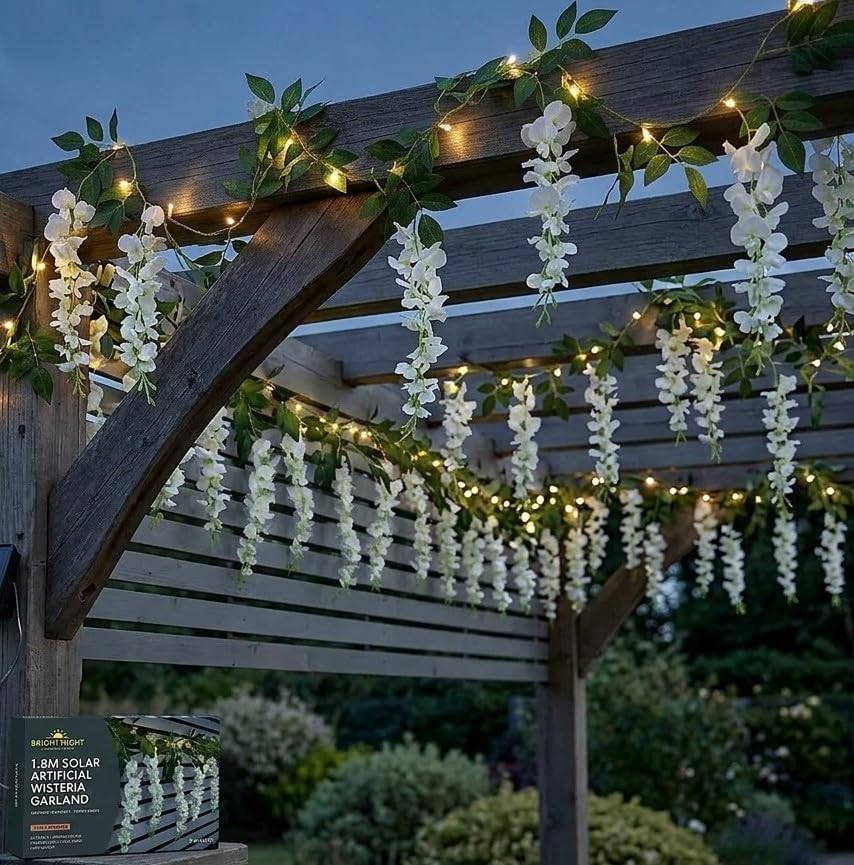  White Wisteria Solar Light Garland 1.8M Garden Trailing Flower Light Warm White Lights Decorative Outdoor Flower Light Pergola Light Fence Light