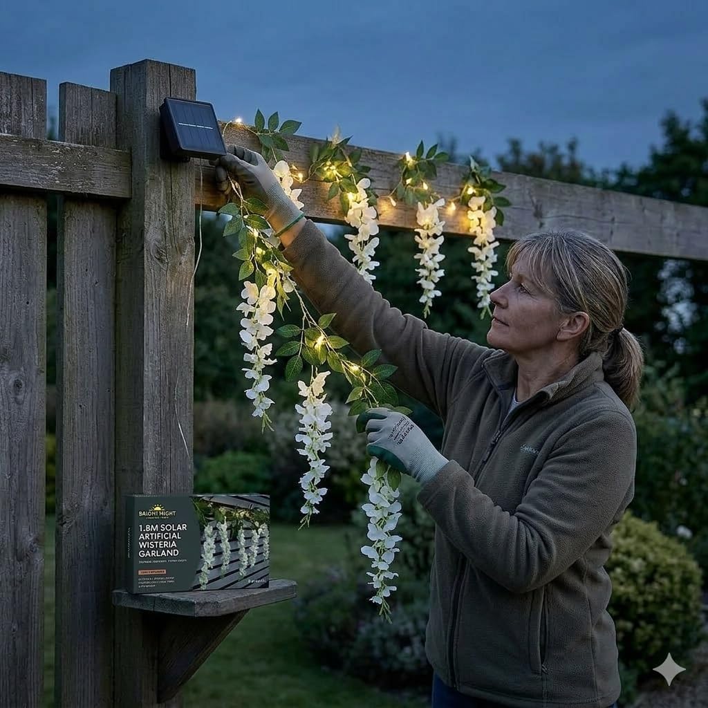  White Wisteria Solar Light Garland 1.8M Garden Trailing Flower Light Warm White Lights Decorative Outdoor Flower Light Pergola Light Fence Light
