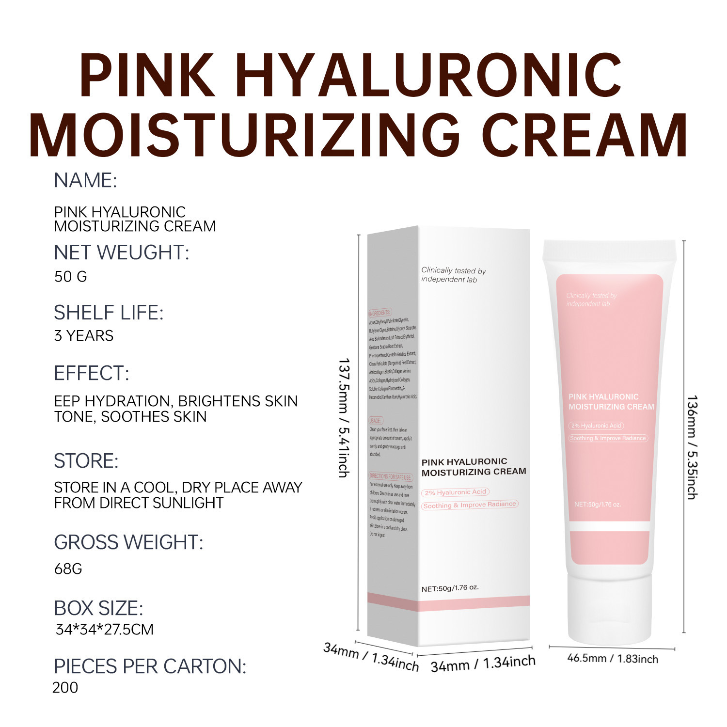 Pink Hyaluronic Acid Moisturizing Cream Deep Hydration Plumping Skin Softening Daily Face Nourishing Treatment 50g